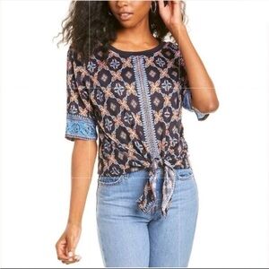 Sandro Paris Shirt Lamaar Printed Tie Front Quilt Print Top Blouse Sz M